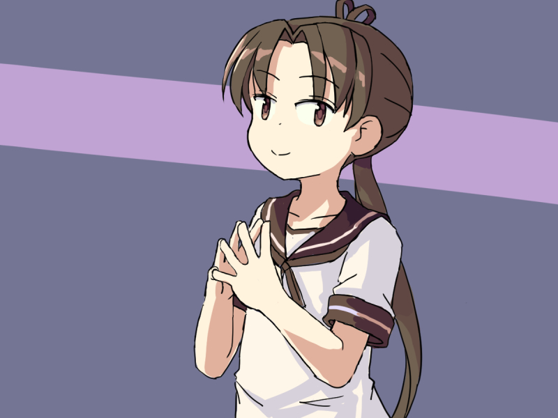 1girl ayanami_(kantai_collection) brown_hair brown_sailor_collar english_commentary fingers_together grey_background kantai_collection long_hair looking_at_viewer sailor_collar school_uniform serafuku side_ponytail sixten smile solo two-tone_background upper_body