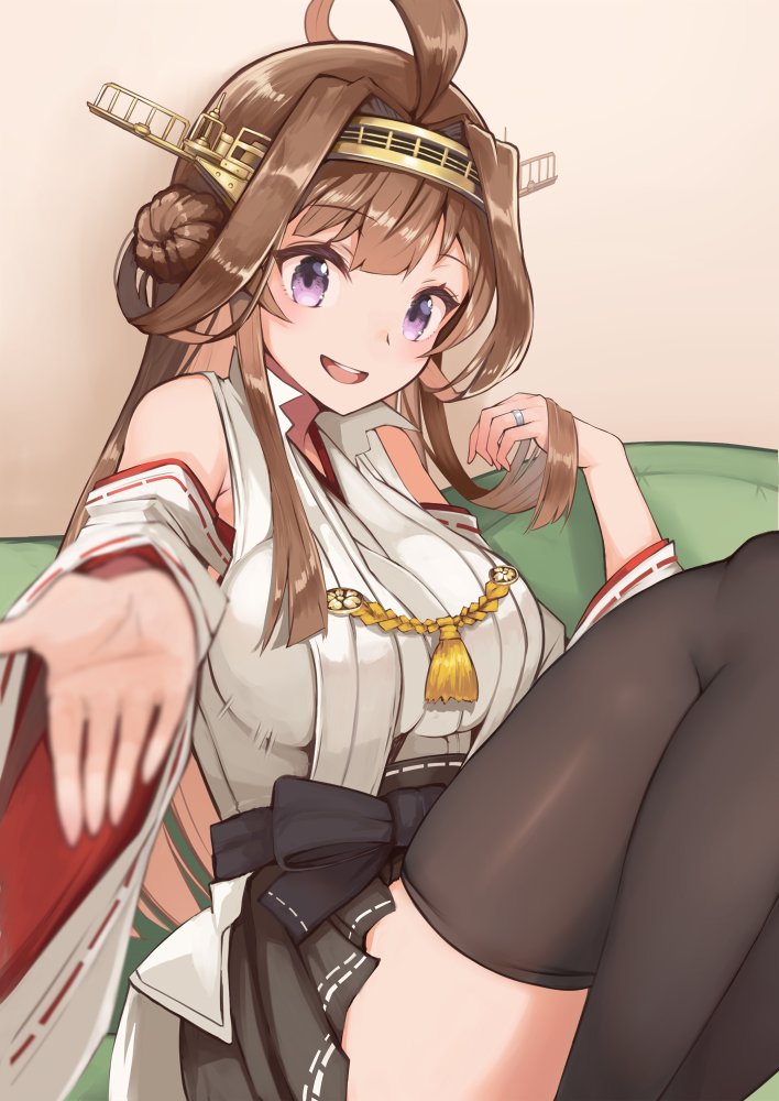 1girl :d ahoge black_legwear black_skirt brown_hair couch detached_sleeves double_bun eyebrows_visible_through_hair hakama_skirt headgear impossible_clothes jewelry kantai_collection kongou_(kantai_collection) long_hair looking_at_viewer on_couch open_mouth outstretched_arms pleated_skirt purple_eyes remodel_(kantai_collection) ring sitting skirt smile solo thighhighs wedding_band wide_sleeves yuzuruka_(bougainvillea)