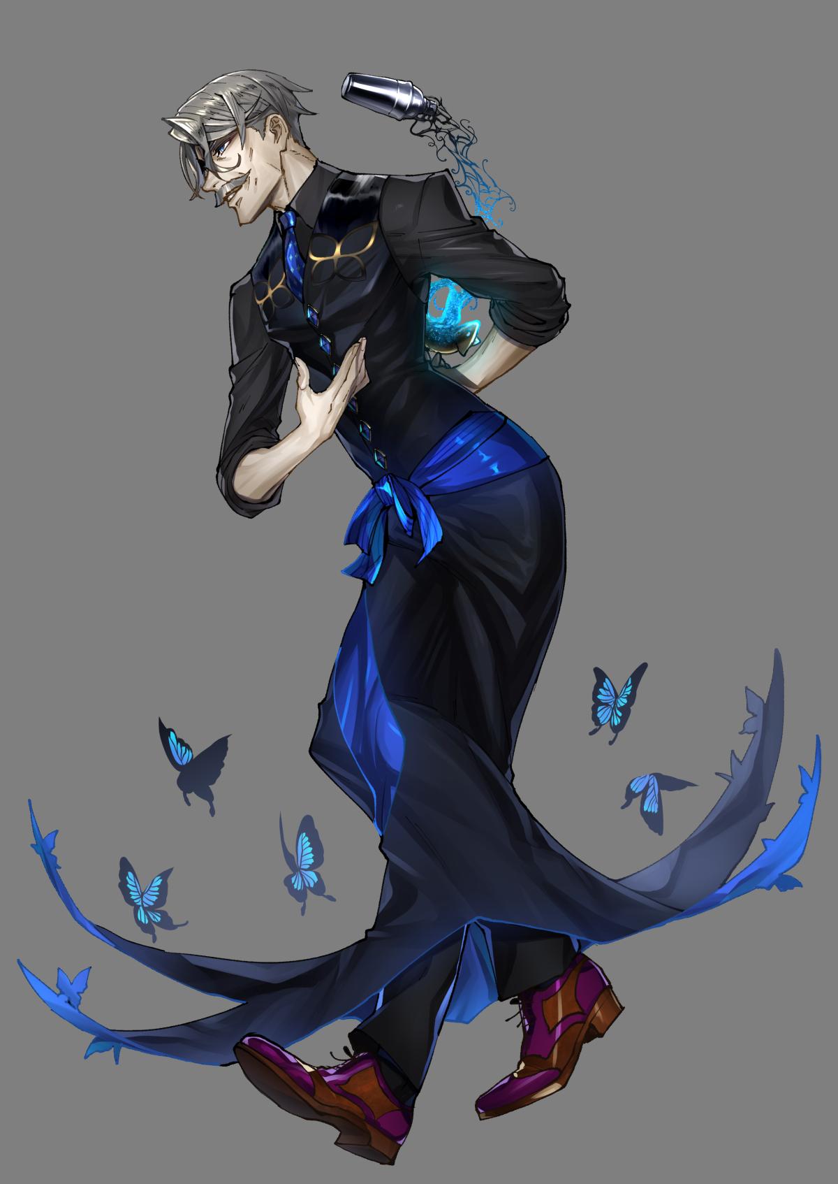 1boy arm_behind_back black_pants black_vest blue_butterfly brown_footwear bug butterfly cocktail_shaker facial_hair fate/grand_order fate_(series) full_body grey_background grey_hair highres insect james_moriarty_(fate/grand_order) male_focus mustache pants purple_footwear shoes short_hair solo standing suzuki_rui two-tone_footwear vest