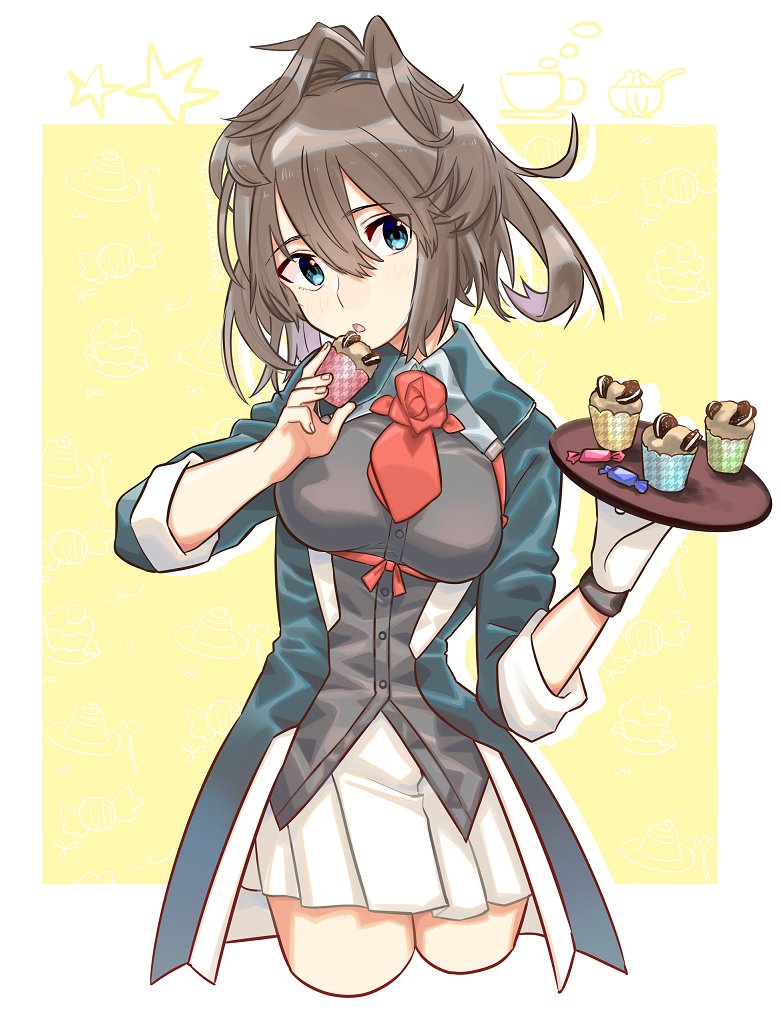 1girl ascot belt blue_eyes brown_belt brown_hair cropped_legs cupcake flower food gloves kantai_collection long_hair looking_at_viewer messy_hair military military_uniform pleated_skirt red_flower red_neckwear red_rose rose sagamiso sheffield_(kantai_collection) single_glove skirt solo uniform white_gloves white_skirt