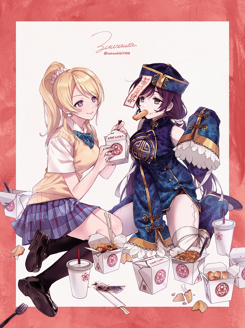 2girls ayase_eli bandaged_leg bandages bangs bare_shoulders blonde_hair blue_dress blue_skirt china_dress chinese_clothes chopsticks collared_shirt detached_sleeves dress eating eye_contact food food_on_face full_body hat highres jiangshi lipstick long_hair long_sleeves looking_at_another love_live! love_live!_school_idol_project makeup miniskirt multiple_girls ofuda otonokizaka_school_uniform plaid plaid_skirt pleated_skirt purple_hair qing_guanmao school_uniform shirt short_dress signature sitting skirt sleeveless sleeveless_dress sleeves_past_fingers sleeves_past_wrists summer_uniform sweater_vest swept_bangs toujou_nozomi white_shirt zawawa_(satoukibi1108)