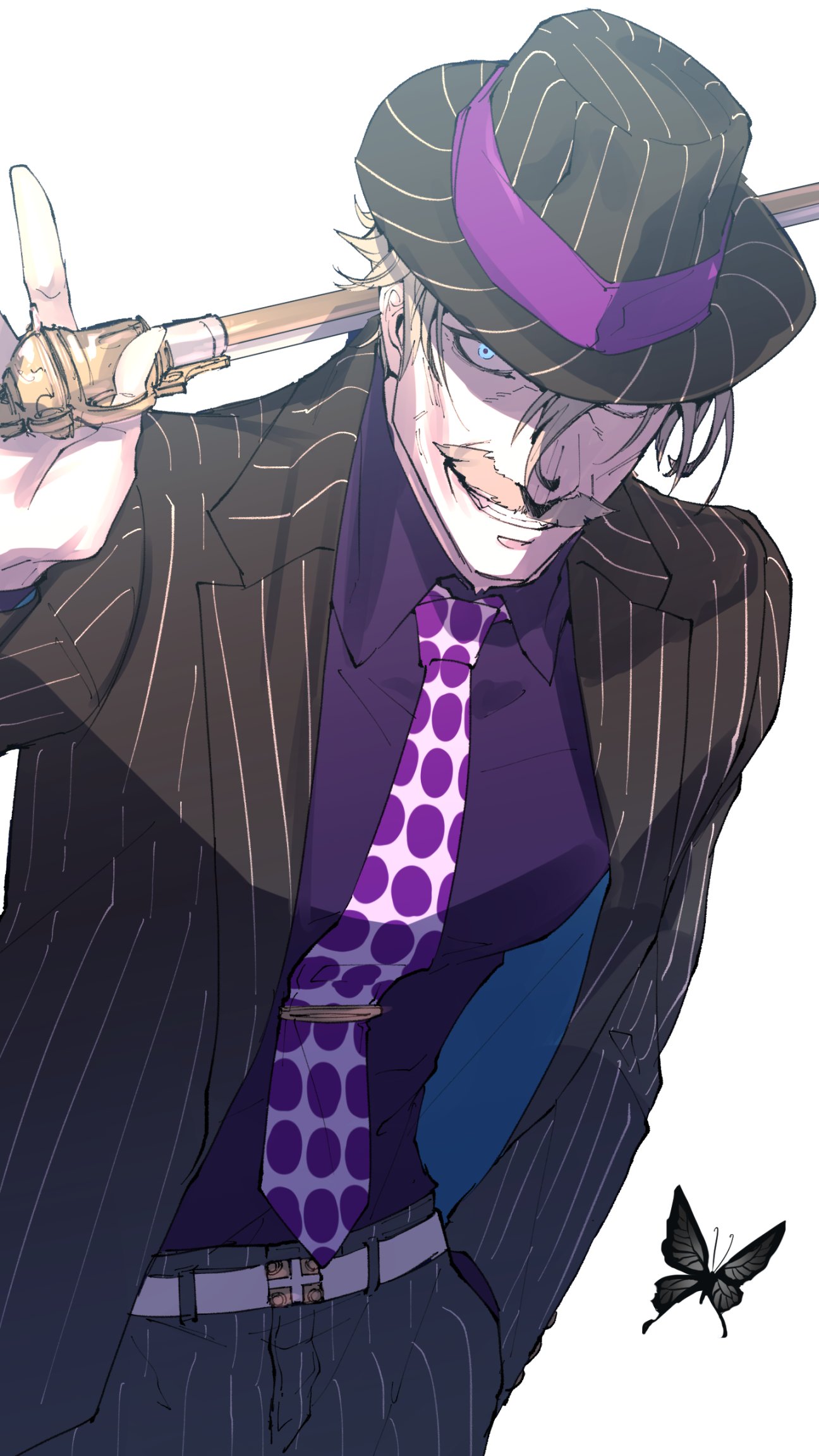 1boy belt black_butterfly black_headwear black_pants blue_eyes bug butterfly cane facial_hair fate/grand_order fate_(series) hair_between_eyes hand_in_pocket hat highres holding holding_cane insect james_moriarty_(fate/grand_order) looking_at_viewer mustache necktie old old_man pants purple_neckwear purple_shirt shirt simple_background solo standing striped striped_shirt suzuki_rui vertical-striped_pants vertical-striped_shirt vertical_stripes white_background