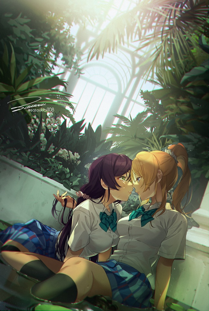 2girls all_fours ayase_eli bad_id bad_pixiv_id black_legwear blue_skirt bow bowtie breasts collared_shirt crying eye_contact face-to-face film_grain green_neckwear greenhouse hand_in_another's_hair imminent_kiss large_breasts looking_at_another love_live! love_live!_school_idol_project miniskirt multiple_girls on_floor otonokizaka_school_uniform plaid plaid_skirt playing_with_another's_hair pleated_skirt school_uniform scrunchie shirt short_sleeves signature sitting skirt striped striped_neckwear summer_uniform tears toujou_nozomi wading water white_shirt yuri zawawa_(satoukibi1108)