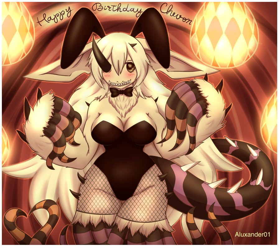 &lt;3 1_eye abstract_background aluxander01 anthro big_breasts blush bow_tie breasts clothing english_text female fishnet fishnet_legwear fur fur_tuft hair horn hybrid kobolgarde_(pandemonium_wizard_village) lagomorph lantern lanterns legwear leporid long_ears long_hair looking_at_viewer mammal monster_tail pandemonium_wizard_village playboy_outfit rabbit red_background sharp_teeth simple_background skinny smile smiling_at_viewer solo teeth tentacle_hands tentacle_legs tentacle_monster tentacles text thick_thighs tuft white_body white_fur white_hair