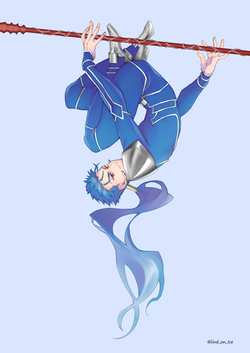 1boy armor beads blue_hair bodysuit closed_mouth cu_chulainn_(fate)_(all) earrings fate/stay_night fate_(series) full_body gae_bolg grey_background grin hair_beads hair_ornament highres holding holding_polearm holding_weapon jewelry lancer lind_(lind_on_ice) long_hair looking_at_viewer male_focus pauldrons polearm ponytail red_eyes shoulder_armor simple_background skin_tight slit_pupils smile solo spiked_hair twitter_username type-moon upside-down weapon
