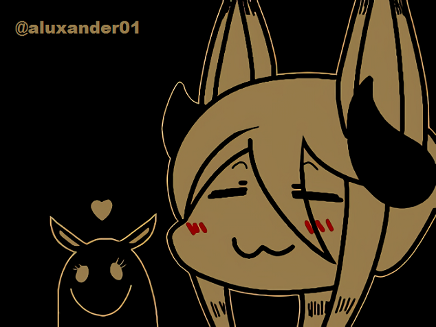 &lt;3 :3 aluxander01 ambiguous_gender anthro big_ears black_background black_body blush canid canine chibi demon duo eyelashes eyes_closed female flower_knight_dakini fox hair horn long_neck mammal prakasha_(flower_knight_dakini) simple_background smile