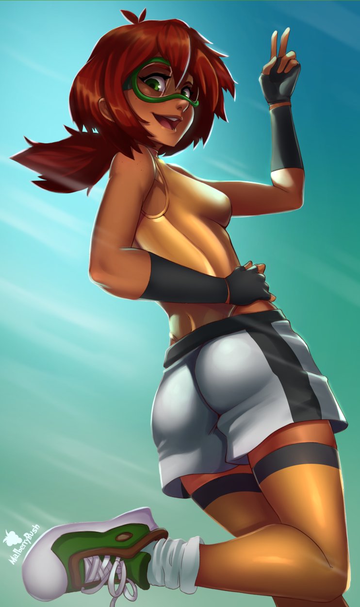 artist_logo ass dark_skin fingerless_gloves gloves goggles green_eyes highres looking_at_viewer low_ponytail mal_(malberrybush) malberrybush open_mouth original pose red_hair shoes shorts smile sneakers tank_top thighhighs v yellow_tank_top