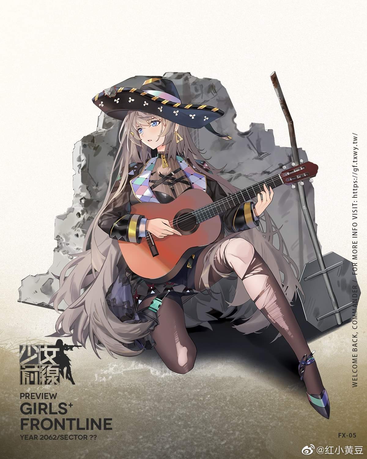 bangs blue_eyes eyebrows_visible_through_hair faux_figurine fx-05_(girls_frontline) girls_frontline grey_hair guitar hat high_heels highres instrument long_hair long_sleeves looking_to_the_side miyazaki_byou music official_art one_knee open_mouth pantyhose playing_instrument sombrero torn_clothes torn_legwear