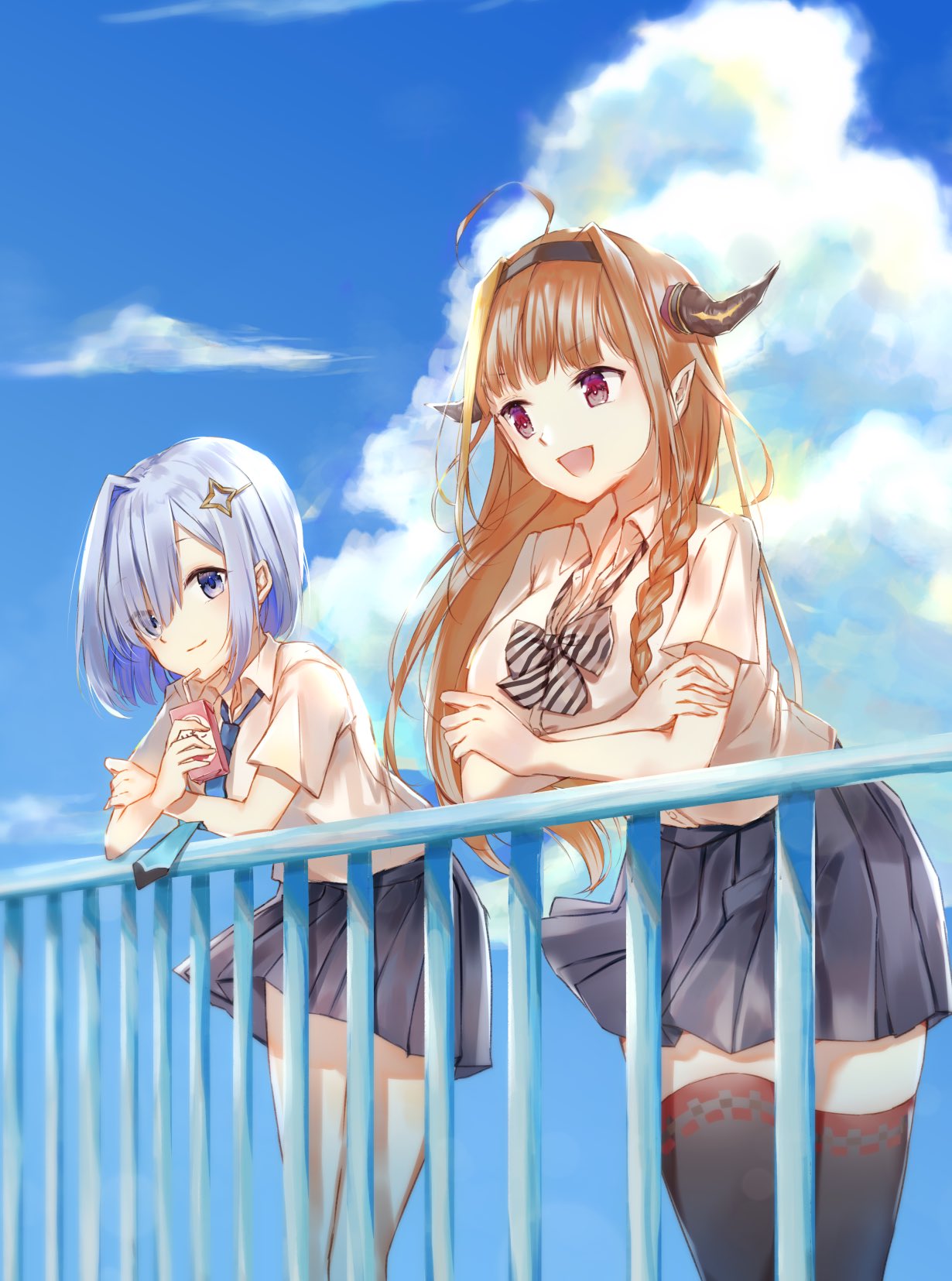 2girls ahoge amane_kanata bangs black_hairband blonde_hair blue_eyes blue_hair blue_neckwear blue_sky blush bow bowtie braid breasts cloud cloudy_sky colored_inner_hair dragon_girl dragon_horns drinking eyebrows_visible_through_hair hair_ornament hairband highres hololive horns juice_box kiryuu_coco long_hair looking_at_viewer loose_bowtie loose_necktie loose_neckwear lovely_yoshio multicolored_hair multiple_girls necktie open_mouth orange_hair outdoors partially_unbuttoned pointy_ears purple_eyes school_uniform short_hair silver_hair single_braid sky smile striped striped_neckwear virtual_youtuber wings