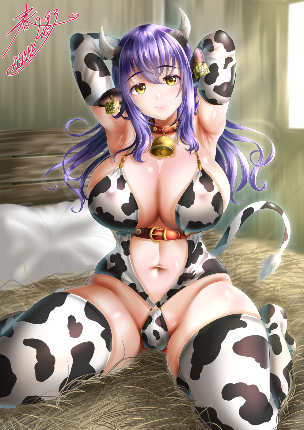 1girl animal_ears animal_print arms_behind_head bell bell_choker breasts chinese_zodiac choker cow_ears cow_girl cow_horns cow_print cow_tail cowbell elbow_gloves full_body gloves highres horns huge_breasts kasugano_tobari long_hair looking_at_viewer original purple_hair shiny shiny_skin signature solo tag tail thighhighs year_of_the_ox