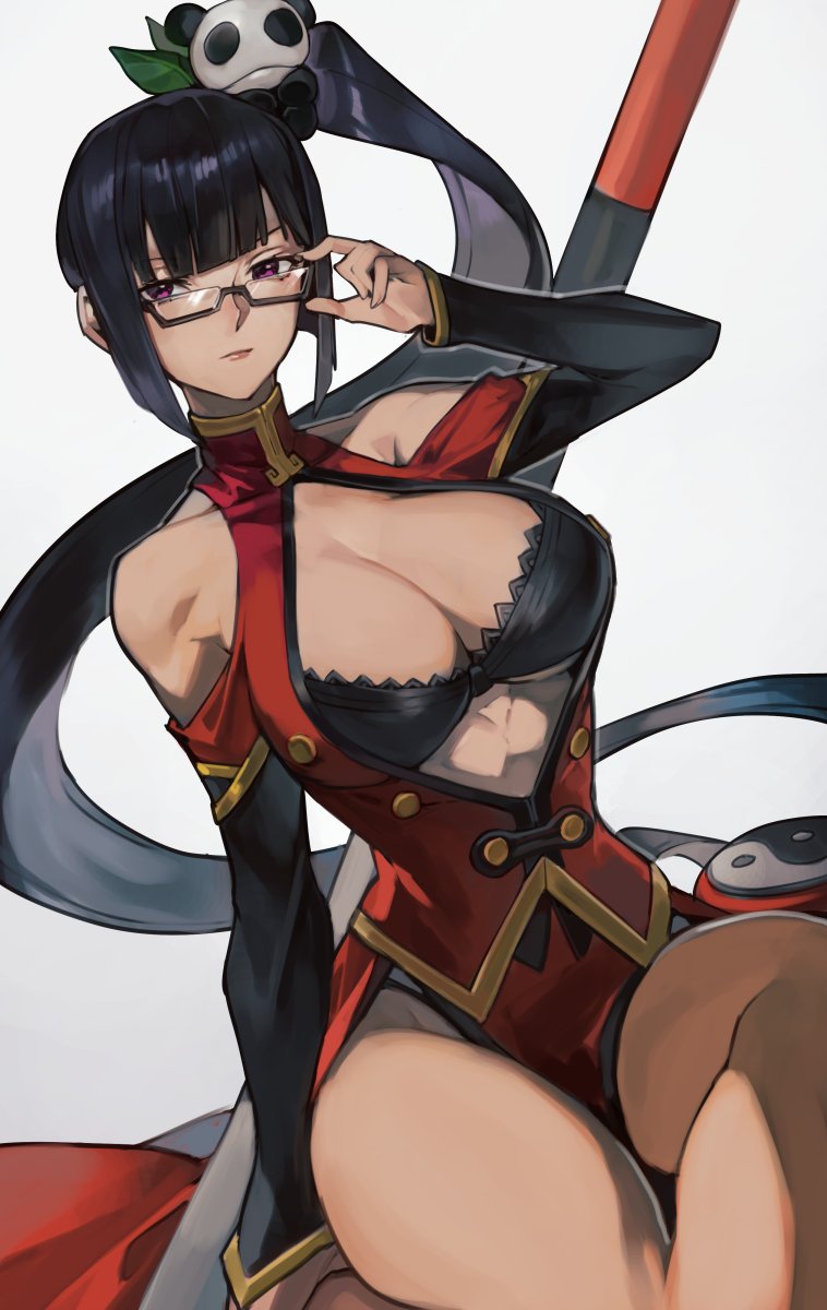 1girl adjusting_eyewear bangs black_bra black_hair blazblue bra breasts china_dress chinese_clothes cleavage cleavage_cutout clothing_cutout collarbone dress glasses hair_ornament highres invisible_chair large_breasts litchi_faye_ling long_hair panda_hair_ornament pelvic_curtain ponytail red_eyes sitting sleeveless sleeveless_dress solo staff thighs uncle_rabbit_ii underwear very_long_hair white_background