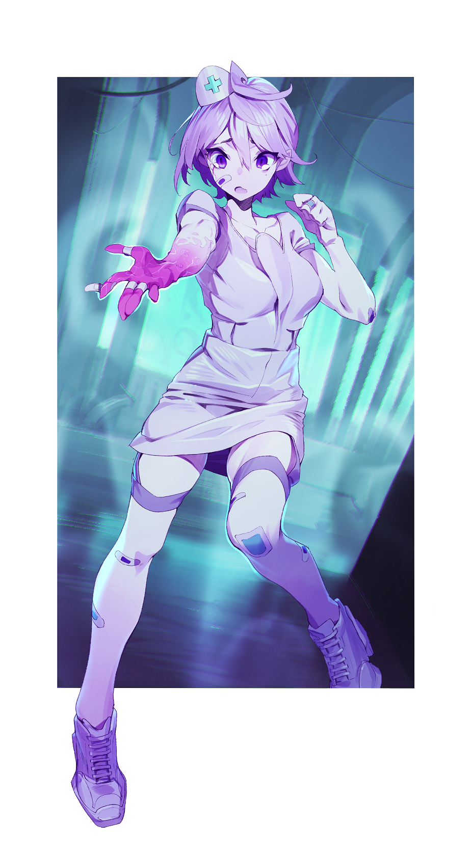 1girl breasts collarbone cross dress hair_between_eyes hat highres injury kamameshi_gougoumaru looking_at_hand medium_breasts nurse nurse_cap open_mouth original patch purple_eyes purple_hair scared shoelaces shoes short_dress short_hair short_sleeves sneakers solo standing thigh_strap uniform virus white_dress white_footwear