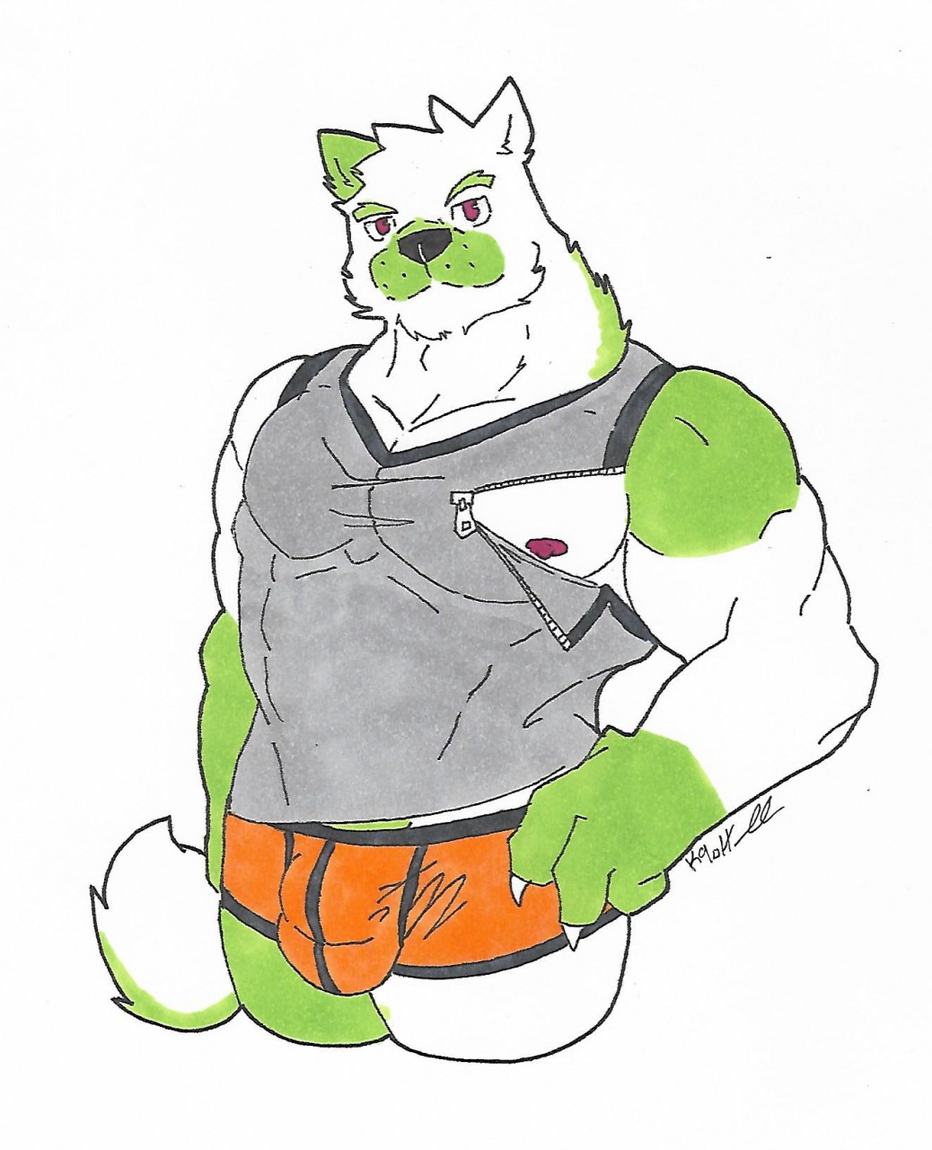 abs animal_humanoid anthro biceps black_muzzle canid canid_humanoid canine canine_humanoid canis claws clothed clothing eyebrows feathers fur green_body green_ears green_eyebrows green_fur green_skin grey_clothing hi_res humanoid k_hunnicutt legwear looking_at_viewer male male_anthro mammal mammal_humanoid meme meme_clothing multicolored_body multicolored_clothing multicolored_ears multicolored_feathers multicolored_fur multicolored_hands multicolored_skin multicolored_tail muscular muscular_anthro muscular_male muscular_thighs nipple_outline nipple_slip nipple_zipper nipples orange_clothing pecs red_eyes shirt simple_background snout solo tank_top top_tank_meme topwear triceps two_tone_body two_tone_clothing two_tone_ears two_tone_feathers two_tone_fur two_tone_tail underwear white_background white_body white_clothing white_ears white_fur white_legwear white_skin wolf zipper