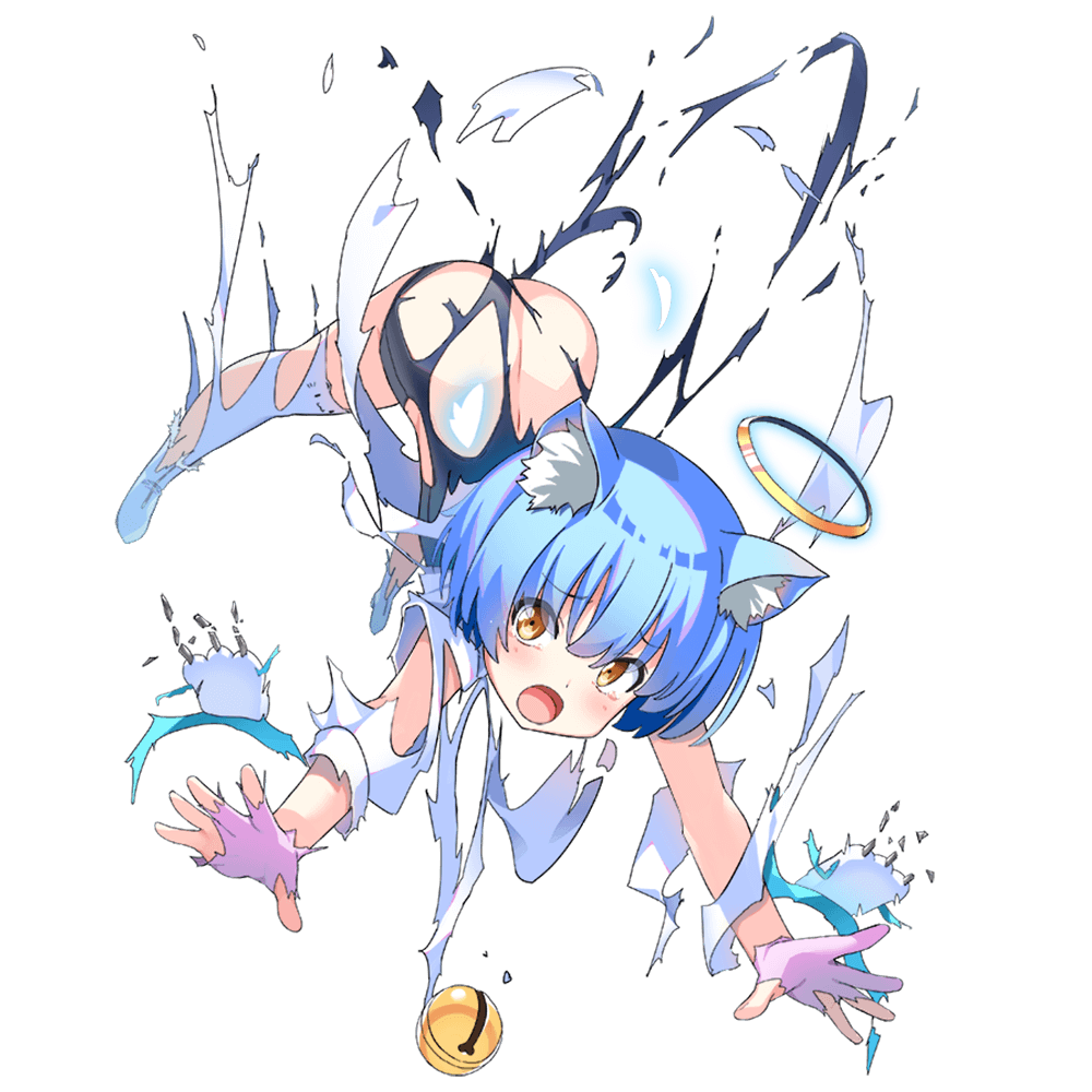 1girl animal_ear_fluff animal_ears bangs bell blue_hair boots cat_ears dennou_tenshi_jibril full_body gloves kuuchuu_yousai looking_at_viewer official_art open_mouth pink_gloves short_hair solo thigh_boots thighhighs transparent_background white_legwear yellow_eyes