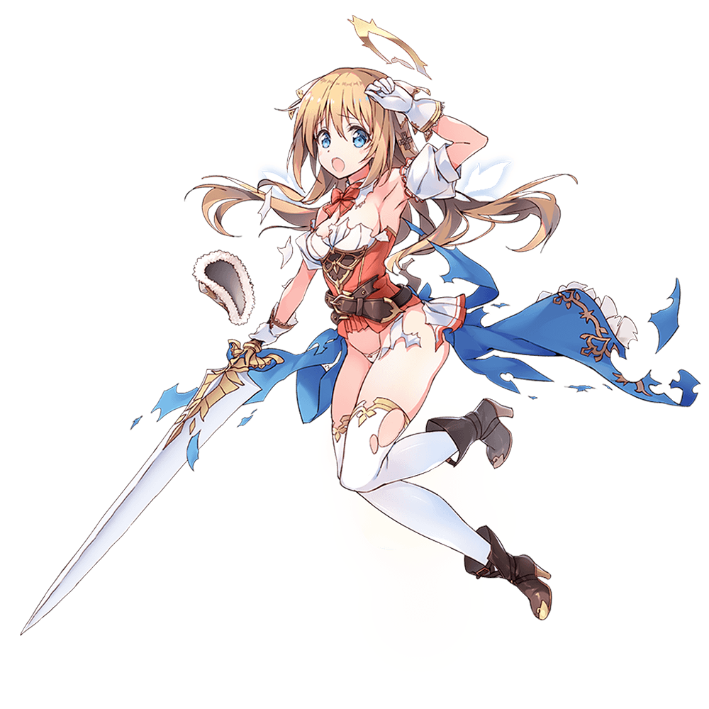 1girl bangs blue_eyes boots breasts brown_footwear cleavage dennou_tenshi_jibril full_body gloves halo high_heels holding holding_sword holding_weapon light_brown_hair long_hair looking_at_viewer official_art open_mouth solo sword thighhighs torn_clothes transparent_background weapon white_gloves