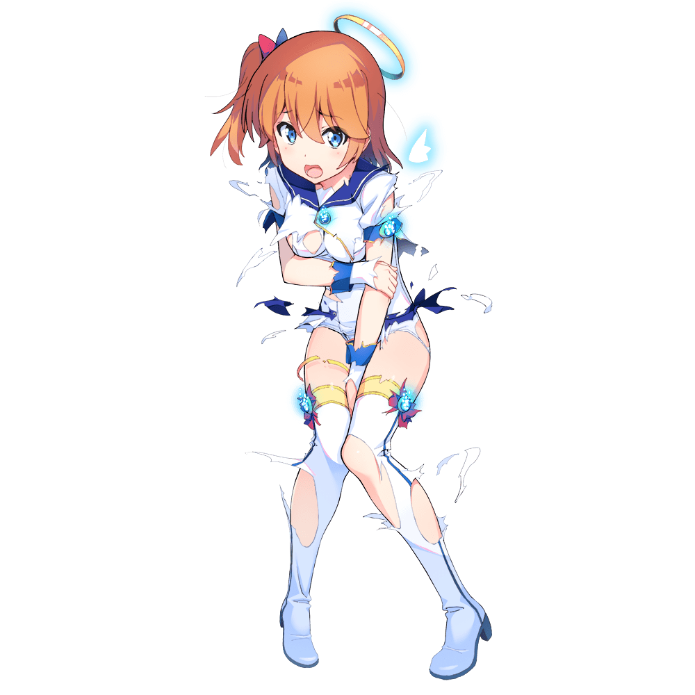 1girl arm_grab bangs between_legs blue_eyes boots dennou_tenshi_jibril eyebrows_visible_through_hair full_body halo hand_between_legs knees_together_feet_apart kuuchuu_yousai medium_hair official_art open_mouth orange_hair short_sleeves solo swimsuit thigh_boots thigh_strap thighhighs torn_clothes transparent_background white_swimsuit