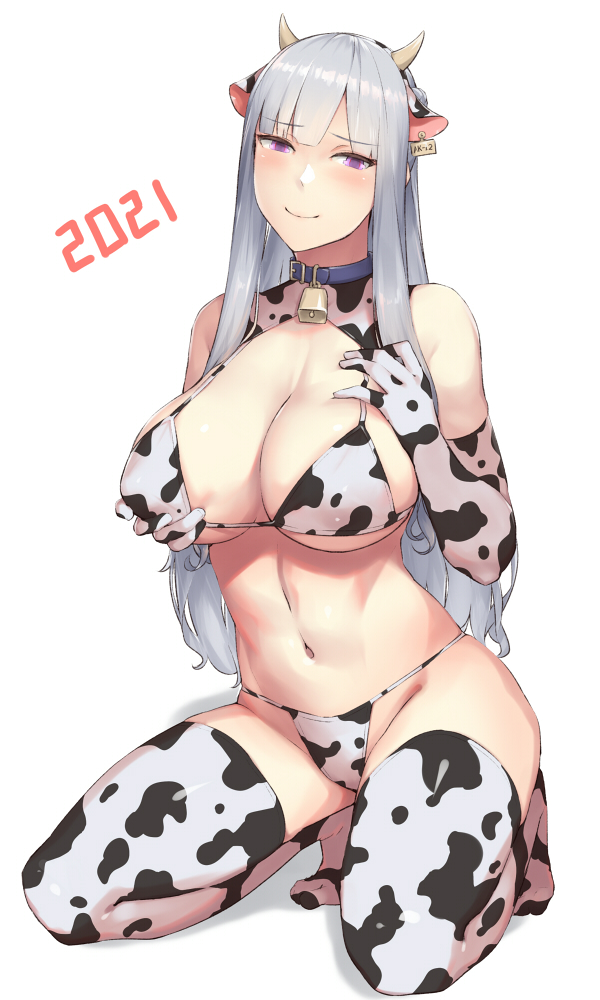 1girl 2021 ak-12_(girls_frontline) animal_ears animal_print bangs bell bikini breasts chinese_zodiac cleavage collar commentary_request cow_ears cow_girl cow_horns cow_print elbow_gloves eyebrows_visible_through_hair girls_frontline gloves grabbing_own_breast horns kageshio_(276006) kneeling large_breasts long_hair navel print_bikini print_gloves print_legwear purple_eyes sidelocks silver_hair smile solo swimsuit thighhighs white_background year_of_the_ox