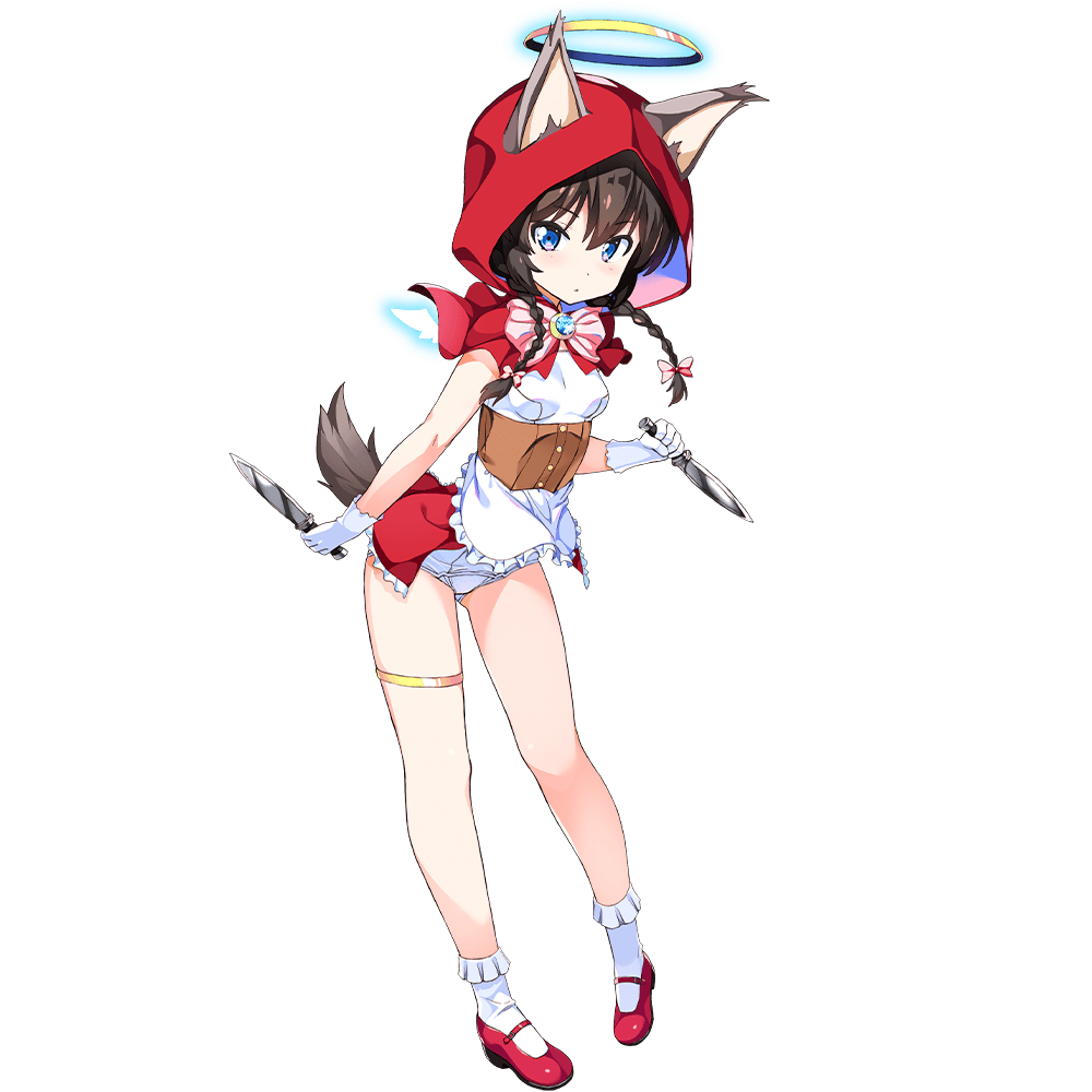 1girl animal_ears apron bangs black_hair blue_eyes braid dennou_tenshi_jibril dual_wielding full_body gloves halo holding holding_knife hood hood_up knife kuuchuu_yousai lipstick long_hair makeup mary_janes official_art red_footwear reverse_grip school_swimsuit shoes solo swimsuit swimsuit_under_clothes tail thigh_strap transparent_background twin_braids waist_apron white_gloves white_lipstick white_swimsuit wolf_ears wolf_tail