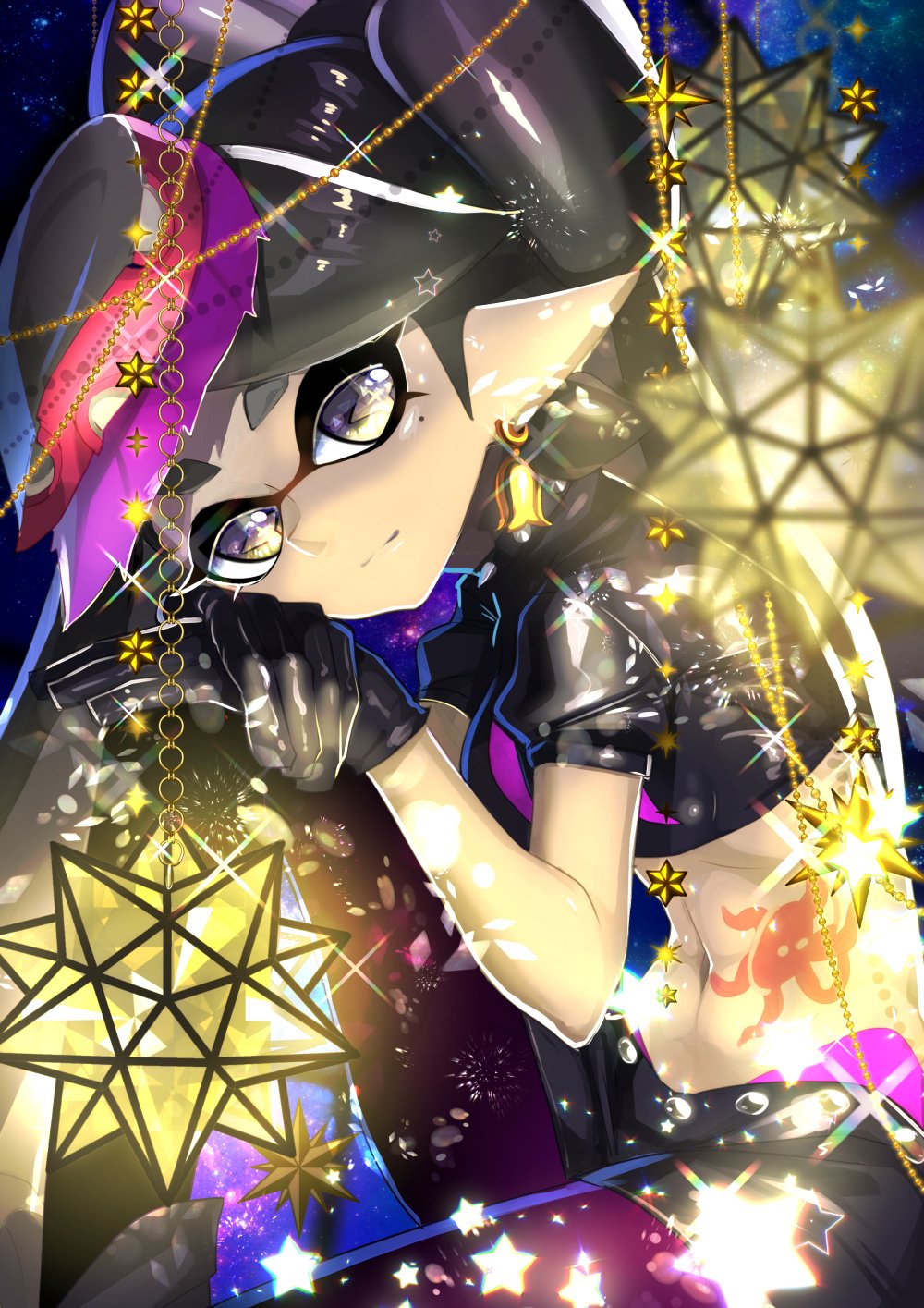 1girl alternate_eye_color bangs black_choker black_eyes black_footwear black_gloves black_shirt black_shorts blurry blurry_foreground boots callie_(splatoon) choker closed_mouth commentary crop_top depth_of_field domino_mask earrings food food_on_head gloves highres jewelry knee_up lamp leaning_forward leg_hug legwear_under_shorts light_particles long_hair looking_at_viewer mask midriff mole mole_under_eye navel nomu object_on_head pantyhose pointy_ears purple_legwear shirt short_shorts short_sleeves shorts sitting smile solo sparkle spiked_belt spiked_choker spikes splatoon_(series) splatoon_2 star_ornament stomach_tattoo sushi swept_bangs tako-san_wiener tattoo tentacle_hair tied_hair very_long_hair