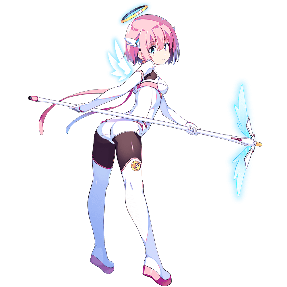 1girl ass bangs blue_eyes bodysuit boots dennou_tenshi_jibril detached_wings full_body green_eyes halo holding holding_staff kuuchuu_yousai looking_at_viewer mini_wings official_art pink_hair short_hair smile solo staff thigh_boots thighhighs transparent_background white_wings wings