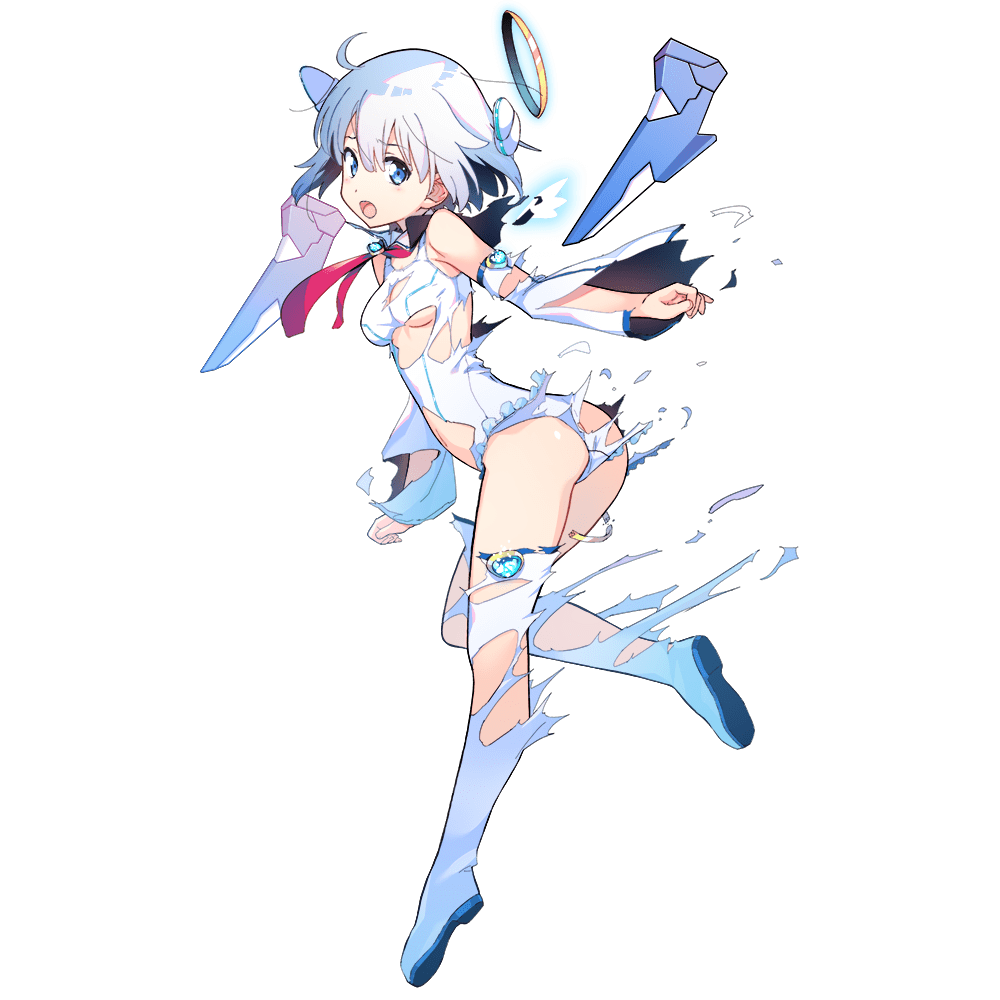 1girl ass bangs blue_eyes boots dennou_tenshi_jibril detached_sleeves detached_wings full_body halo kuuchuu_yousai looking_at_viewer official_art open_mouth short_hair solo thigh_boots thighhighs torn_clothes transparent_background twisted_torso white_footwear white_hair wings