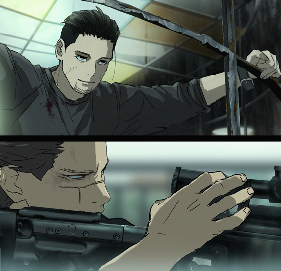 0109_(artist) 2boys aiming anachronism black_eyes black_hair blood bloody_clothes blurry blurry_background brown_eyes brown_hair ceiling close-up closed_mouth commentary_request facial_hair from_side golden_kamuy grey_shirt gun hair_slicked_back hair_strand holding holding_gun holding_weapon indoors long_sleeves looking_away male_focus military multiple_boys ogata_hyakunosuke rifle scar scar_on_cheek scar_on_face scar_on_nose scope shadow shirt short_hair sleeves_rolled_up smile sniper_rifle stubble sugimoto_saichi undercut upper_body watch weapon wristwatch