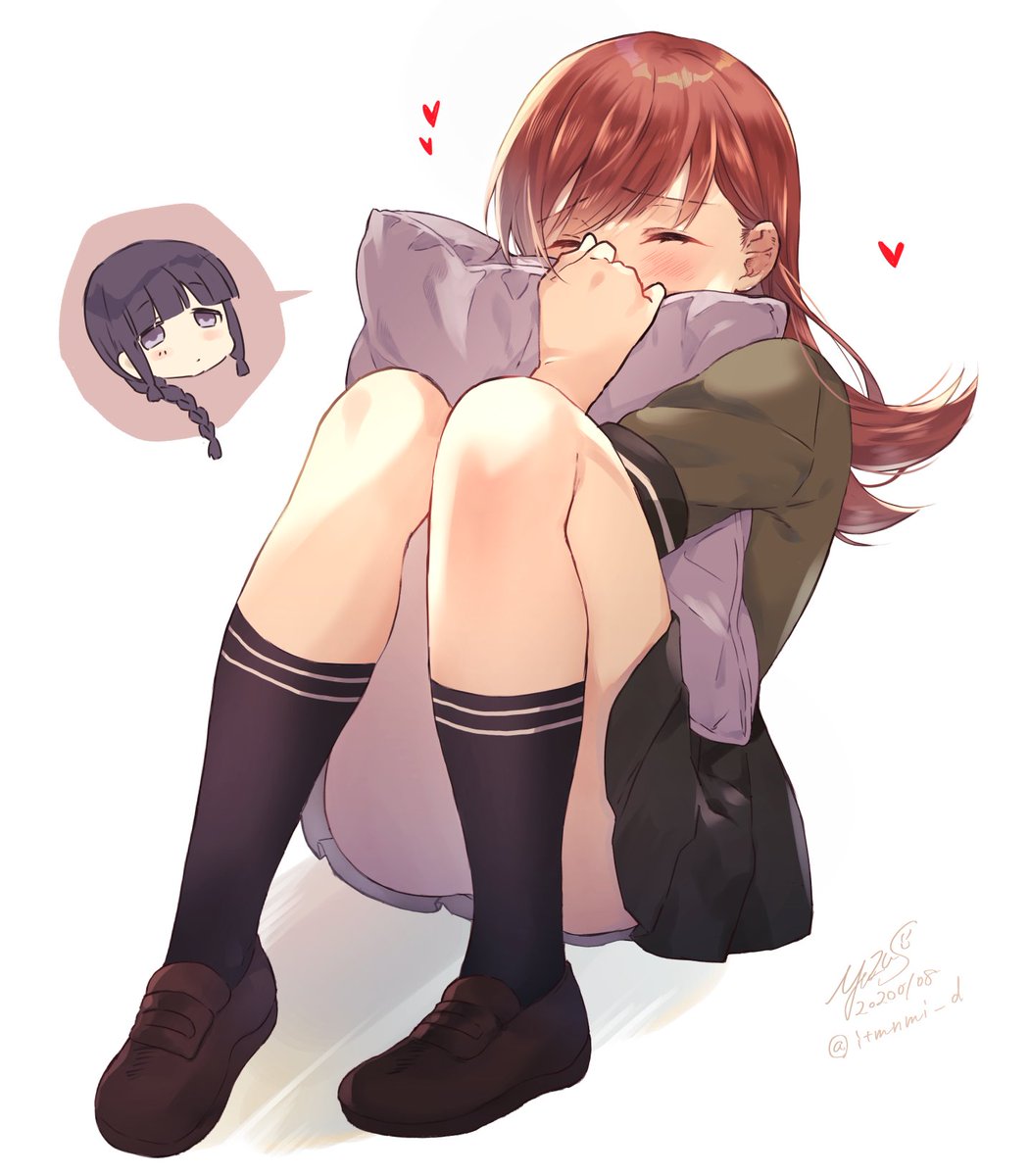 1girl black_hair black_legwear black_skirt blush braid brown_footwear brown_hair chibi chibi_inset closed_eyes dated eyebrows_visible_through_hair green_serafuku heart highres kantai_collection kitakami_(kantai_collection) kneehighs long_hair long_sleeves ooi_(kantai_collection) pillow pleated_skirt purple_eyes saiki_yuzuri school_uniform serafuku shoes signature simple_background single_braid skirt solo twitter_username typo white_background