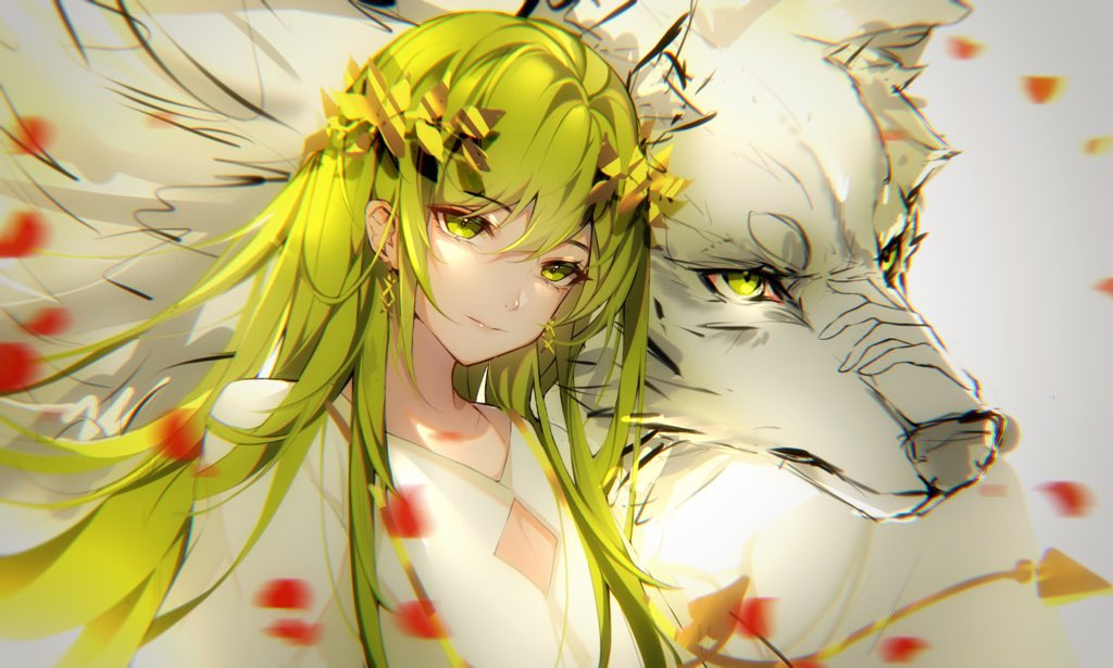 1boy 1other androgynous animal cleavage_cutout clothing_cutout english_commentary enkidu_(fate/strange_fake) fate/strange_fake fate_(series) green_eyes green_hair kiyochii laurel_crown long_hair petals petting snout wolf wolf_(fate) work_in_progress