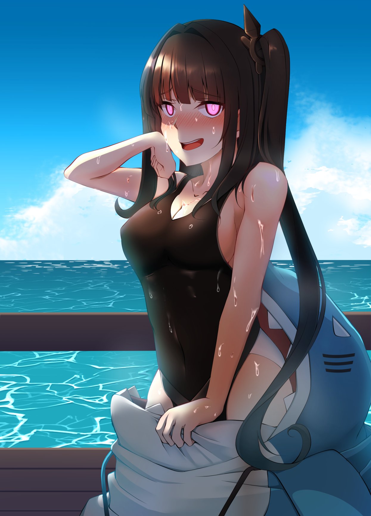 1girl 4tb_(4tera_byte) animal_costume architect_(girls_frontline) black_hair blush breasts cleavage commission cosplay girls_frontline highres kigurumi long_hair medium_breasts ocean official_alternate_costume one-piece_swimsuit open_mouth pink_eyes sangvis_ferri shark_costume side_ponytail sidelocks skeb_commission smile solo sweat swimsuit very_long_hair