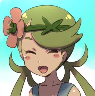 1girl dark_skin dark_skinned_female e_keroron flower green_hair hair_flower hair_ornament long_hair lowres mallow_(pokemon) open_mouth pokemon pokemon_(game) pokemon_sm smile solo twintails