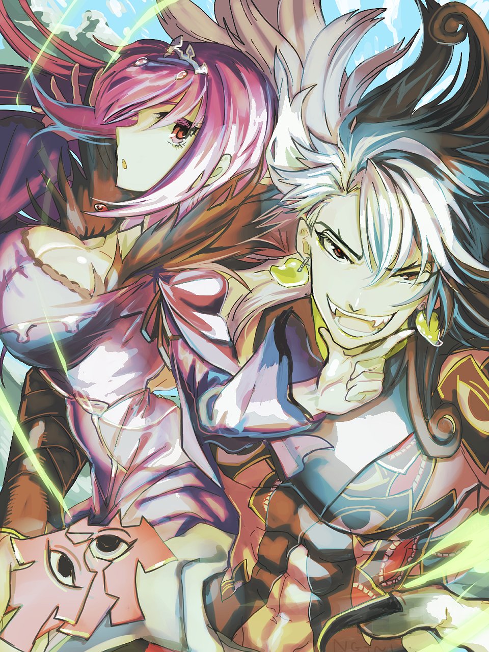 1boy 1girl alternate_hairstyle arm_around_waist ashiya_douman_(fate) asymmetrical_clothes asymmetrical_hair black_eyes black_hair black_nails breasts cleavage covered_abs curly_hair dynamax_band earrings fate/grand_order fate_(series) fingernails gameplay_mechanics hair_between_eyes hand_on_another's_face highres jewelry large_breasts long_hair magatama magatama_earrings midriff multicolored_hair muscular muscular_male nonono_nagata official_alternate_costume pectorals scathach_(fate)_(all) scathach_skadi_(fate/grand_order) sharp_fingernails shikigami single_bare_shoulder two-tone_hair upper_body very_long_fingernails very_long_hair white_hair