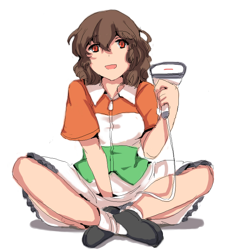 1girl borrowed_character brown_hair crossed_legs familymart full_body jacket magukappu murasa_tenchou open_mouth original red_eyes scanner sitting skirt touhou zipper_pull_tab