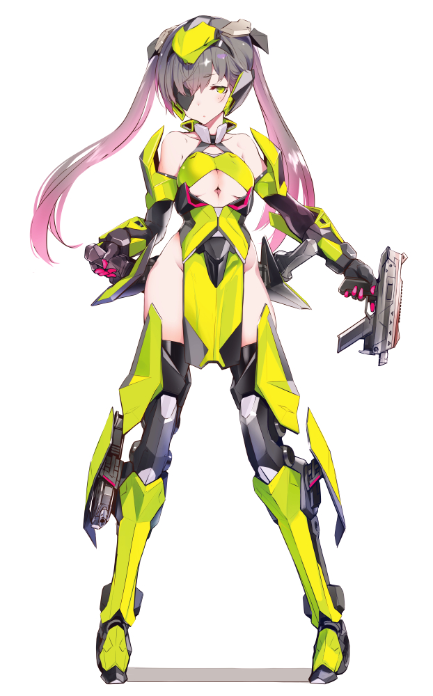 1girl afukuro black_hair breasts clothing_cutout eyepatch frame_arms_girl gradient_hair green_eyes gun holding holding_gun holding_knife holding_weapon holstered_weapon knife looking_at_viewer mecha_musume medium_breasts multicolored_hair one_eye_covered original personification pink_hair science_fiction sheath sheathed solo standing twintails underboob underboob_cutout weapon white_background