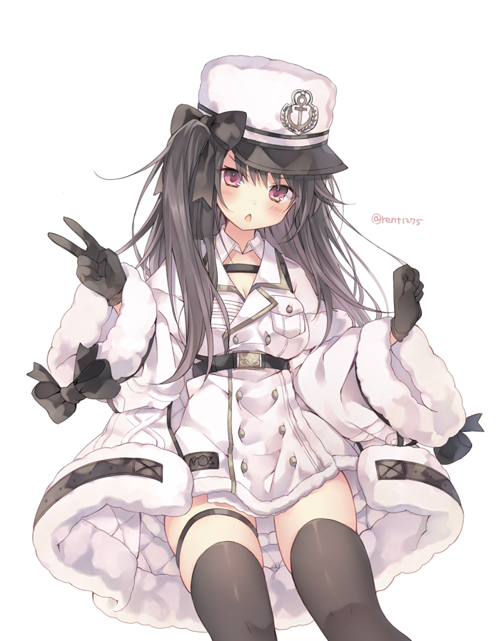 1girl anchor_symbol azur_lane bangs black_bow black_gloves black_hair black_legwear blush bow breasts chestnut_mouth cleavage coat commentary dress eyebrows_visible_through_hair fur-trimmed_coat fur-trimmed_sleeves fur_hat fur_trim gloves hair_bow hands_up hat looking_at_viewer medium_breasts off_shoulder one_side_up pamiat_merkuria_(azur_lane) parted_lips peaked_cap red_eyes rento_(rukeai) simple_background solo thighhighs twitter_username v white_background white_coat white_dress white_headwear wide_sleeves