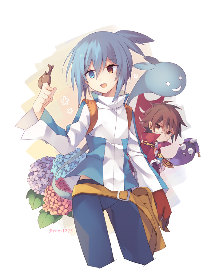 2boys :d animal_on_hand blue_eyes blue_flower blue_hair blue_pants brown_eyes brown_hair cape closed_mouth commentary cropped_legs flower glasses gloves hand_up heterochromia hydrangea jacket long_sleeves male_focus multiple_boys open_mouth pants purple_flower puyopuyo puyopuyo_fever red_cape red_gloves rento_(rukeai) rhinoceros_beetle sig_(puyopuyo) single_glove smile strange_klug white_jacket