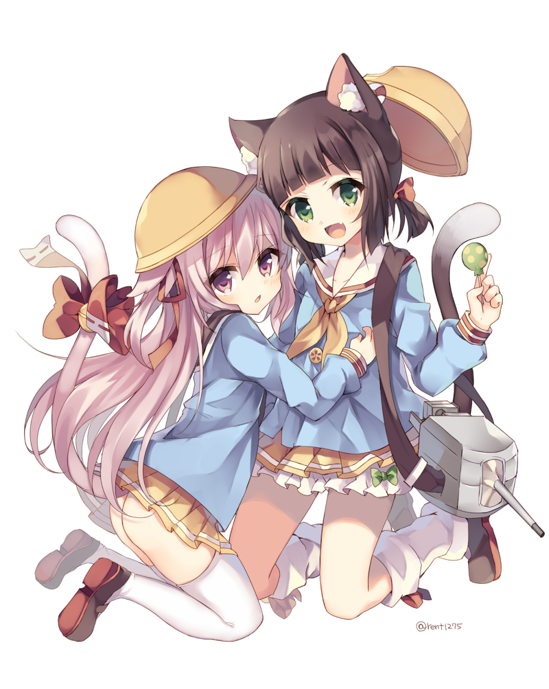2girls :d animal_ears ass azur_lane bell black_hair black_sailor_collar blue_shirt blush bow brown_footwear candy cannon cat_ears cat_girl cat_tail commentary fang food green_eyes hair_ribbon hat hat_removed headwear_removed holding holding_candy holding_food holding_lollipop jingle_bell kindergarten_uniform kisaragi_(azur_lane) kneehighs lollipop long_sleeves looking_at_viewer looking_to_the_side loose_socks low_twintails multiple_girls mutsuki_(azur_lane) neckerchief one_side_up open_mouth parted_lips pink_hair pleated_skirt red_bow red_eyes red_ribbon rento_(rukeai) ribbon sailor_collar school_hat shirt shoe_soles short_twintails simple_background skirt smile tail tail_bell tail_bow tail_ornament tail_raised thighhighs turret twintails twitter_username white_background white_legwear white_sailor_collar yellow_headwear yellow_neckwear yellow_skirt