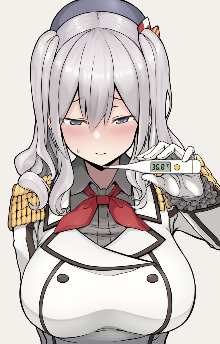 1girl bangs beret blush breasts closed_mouth digital_thermometer epaulettes gloves grey_background hair_between_eyes hat highres holding huge_breasts kantai_collection kashima_(kantai_collection) long_hair long_sleeves military military_uniform nose_blush red_neckwear satou_samu silver_eyes silver_hair simple_background solo sweat thermometer twintails uniform upper_body wavy_hair white_gloves