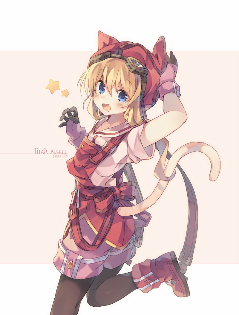 1girl :d animal_ears animal_hat arm_up bangs black_legwear blonde_hair blue_eyes blush boots brown_background cat_hat cat_tail character_name commentary eiyuu_densetsu eyebrows_visible_through_hair fake_animal_ears fang gloves goggles goggles_on_head grey_background hair_between_eyes hat legwear_under_shorts long_hair looking_at_viewer looking_to_the_side open_mouth overall_skirt pantyhose pink_gloves pink_shorts red_footwear red_headwear rento_(rukeai) sailor_collar shirt short_shorts short_sleeves shorts smile solo sora_no_kiseki standing standing_on_one_leg star_(symbol) tail tail_raised tita_russell twitter_username two-tone_background white_sailor_collar white_shirt