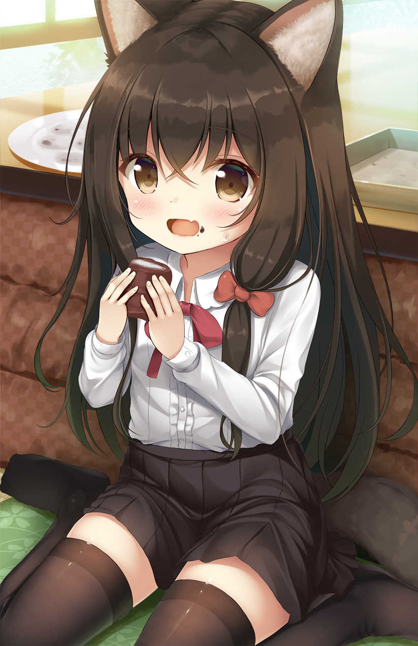 1girl animal_ear_fluff animal_ears bangs black_hair black_legwear blush bow brown_eyes crossed_bangs eating fang highres long_hair looking_at_viewer open_mouth original pleated_skirt psyche3313 red_bow sitting skin_fang skirt solo tail thighhighs wariza