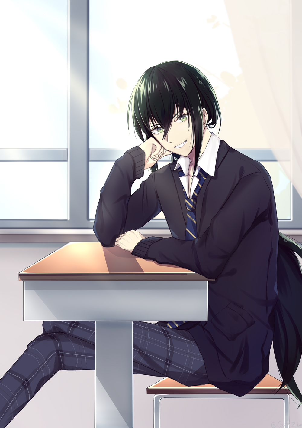 1boy black_hair chair crossed_legs curtains desk fate/grand_order fate_(series) green_eyes highres indoors long_hair male_focus necktie pants plaid plaid_pants school_chair school_desk school_uniform shochu_a sitting smile solo striped striped_neckwear tree uniform window yan_qing_(fate/grand_order)