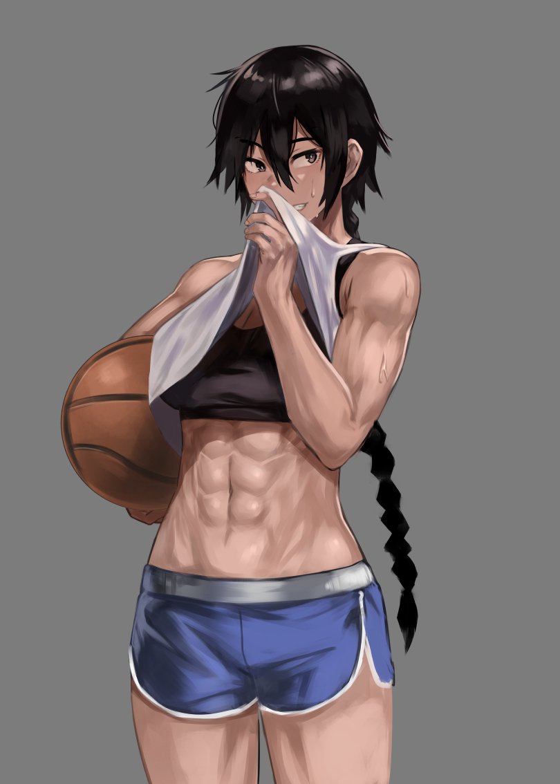 1girl abs bare_shoulders basketball black_hair braid braided_ponytail breasts dark_skin dark_skinned_female grey_background grin gym_shorts gym_uniform hun_yan long_hair muscular muscular_female original shirt_lift shorts simple_background smile standing sweat sweatdrop thighs tomboy toned