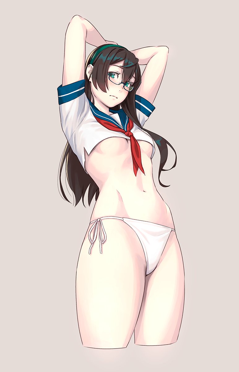 1girl aqua_eyes arms_up black_hair blue_eyes blush breasts commentary_request crop_top eyebrows_visible_through_hair highres kantai_collection long_hair looking_at_viewer navel no_pants ooyodo_(kantai_collection) panties school_uniform side-tie_panties simple_background small_breasts smile solo string_panties underwear white_background white_panties yuuji_(and)