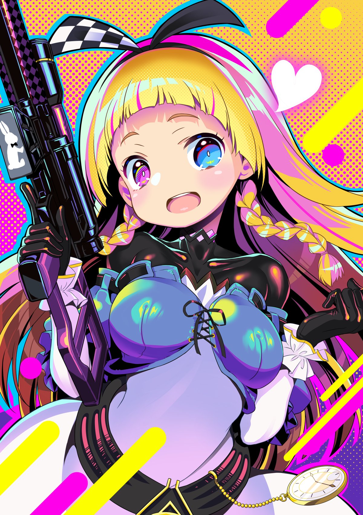 1girl assault_rifle bangs black_bodysuit black_gloves black_hairband blonde_hair blue_eyes blunt_bangs bodysuit braid breasts character_request checkered collarbone commentary_request copyright_request detached_sleeves dress earrings gloves gun hairband heart heterochromia highres jewelry long_hair looking_at_viewer medium_breasts open_mouth pocket_watch rifle side_braids skin_tight solo strapless strapless_dress tatsuya_(trypaint) trigger_discipline twin_braids upper_teeth watch weapon white_sleeves wrist_cuffs