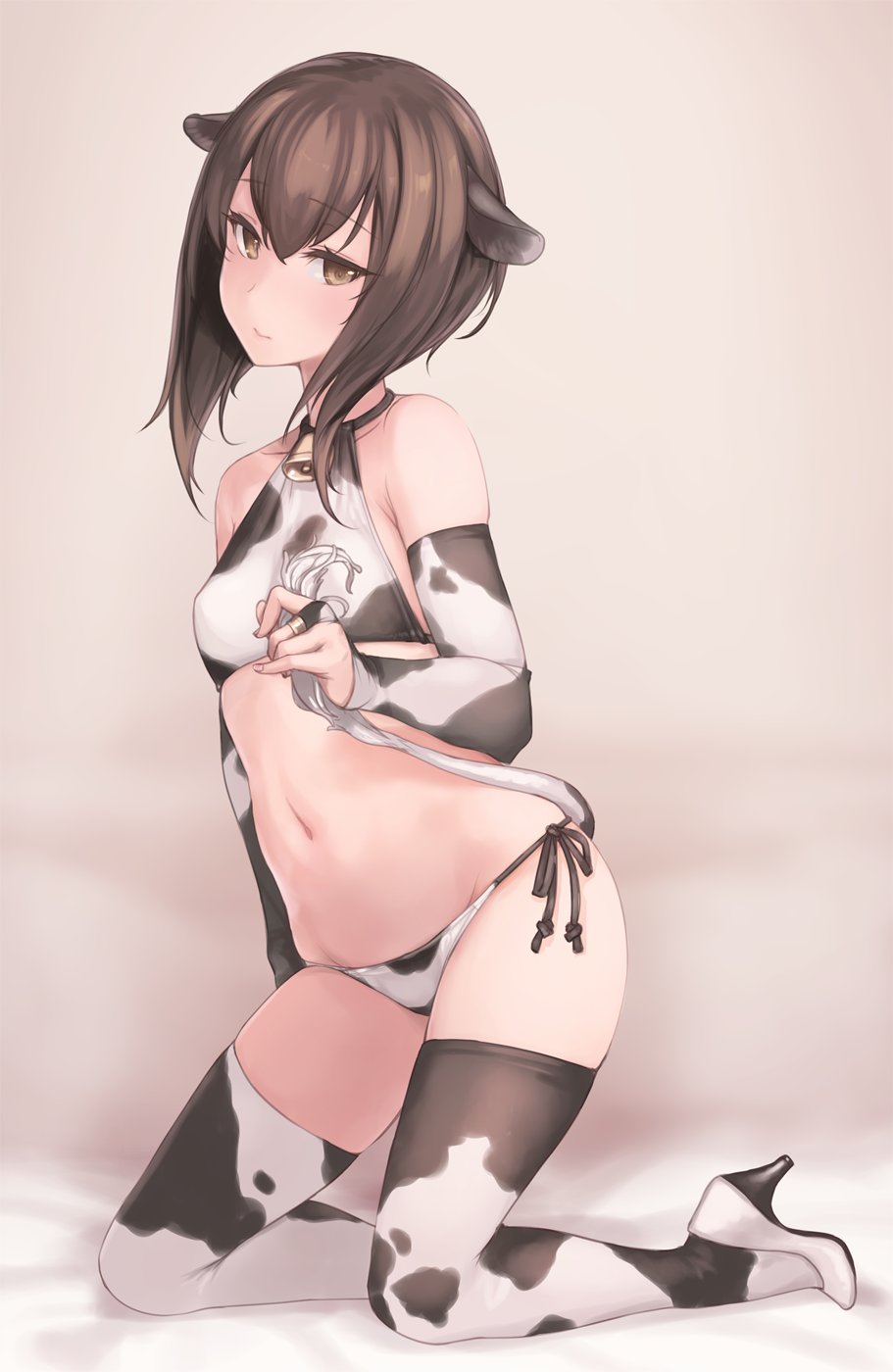1girl animal_ears animal_print artist_name bangs bell bikini blush brown_eyes brown_hair closed_mouth collarbone cow_ears cow_print cow_tail cowbell cowboy_shot dated eyebrows_visible_through_hair flat_chest grey_background hair_between_eyes high_heels highres holding holding_tail kantai_collection kneeling revision rokuwata_tomoe short_hair side-tie_bikini signature simple_background solo swimsuit taihou_(kantai_collection) tail thighhighs twitter_username