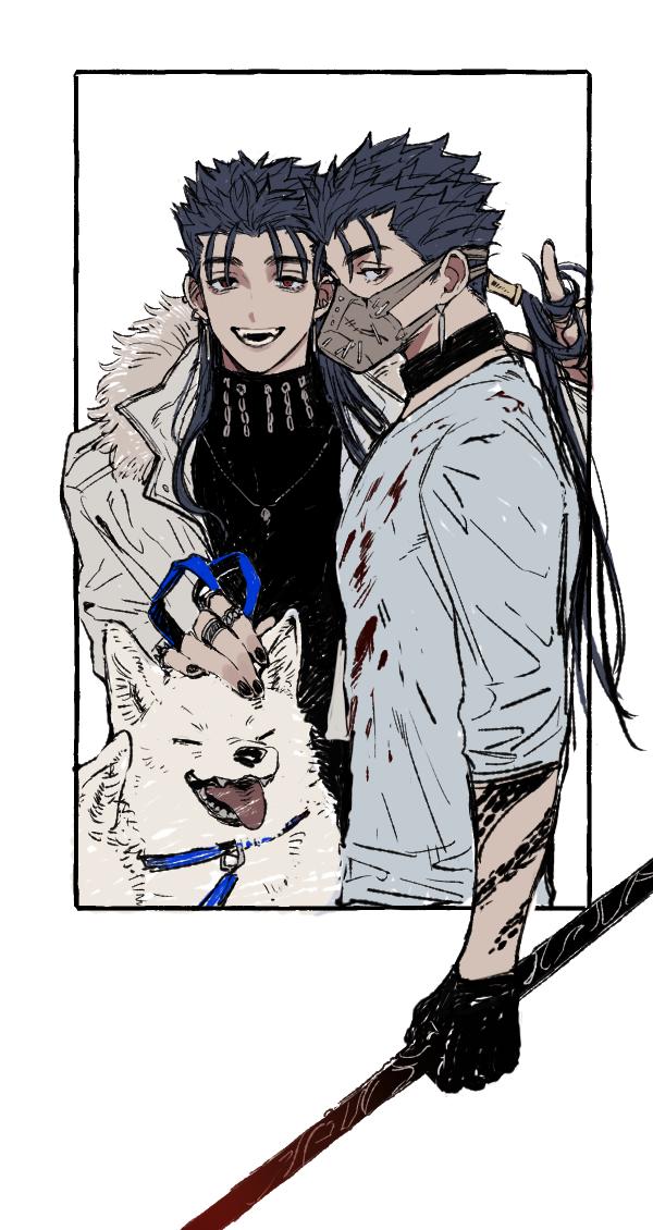 2boys alternate_costume beads blood blood_splatter blue_hair choker cu_chulainn_(fate)_(all) cu_chulainn_(fate/grand_order) dog earrings fangs fate/grand_order fate/stay_night fate_(series) fur-trimmed_jacket fur_trim gae_bolg gloves hair_beads hair_ornament hand_in_another's_hair holding holding_polearm holding_weapon jacket jewelry lancer leash long_hair looking_at_viewer male_focus mog_pero multiple_boys muzzle nail_polish necklace open_mouth polearm ponytail red_eyes ring smile spiked_hair tattoo tongue tongue_out turtleneck type-moon weapon