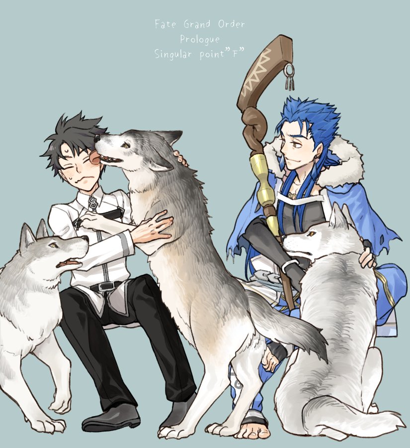 2boys animal black_hair blue_hair bracelet capelet chaldea_uniform closed_eyes closed_mouth collared_shirt cu_chulainn_(fate)_(all) cu_chulainn_(fate/grand_order) dog earrings fate/grand_order fate_(series) frown fujimaru_ritsuka_(male) fur-trimmed_hood fur_trim grimace grin hood hooded_capelet hozumi_riya jewelry licking long_hair long_sleeves looking_at_another male_focus multiple_boys pants petting red_eyes shirt short_hair simple_background sitting smile spiked_hair staff type-moon white_wolf wolf wooden_staff
