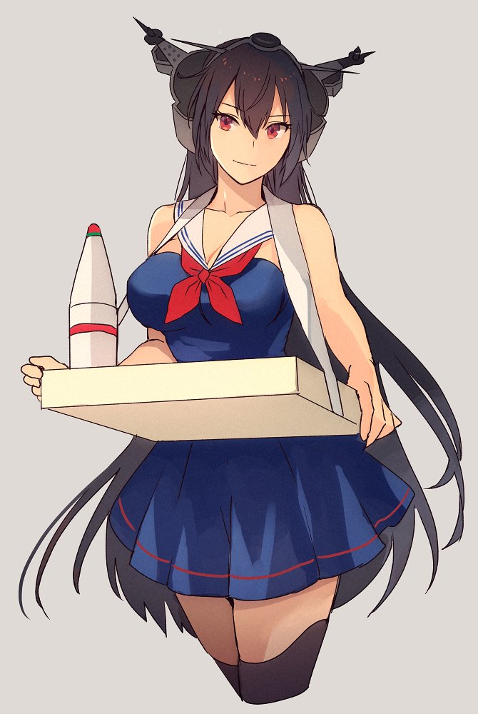 1girl alternate_costume ammunition bangs black_hair black_legwear blue_dress breasts cleavage collarbone dress grey_background hair_between_eyes headgear kantai_collection kasumi_(skchkko) large_breasts long_hair looking_at_viewer nagato_(kantai_collection) red_eyes sailor_collar sailor_dress short_dress simple_background sleeveless sleeveless_dress smile solo thighhighs white_sailor_collar