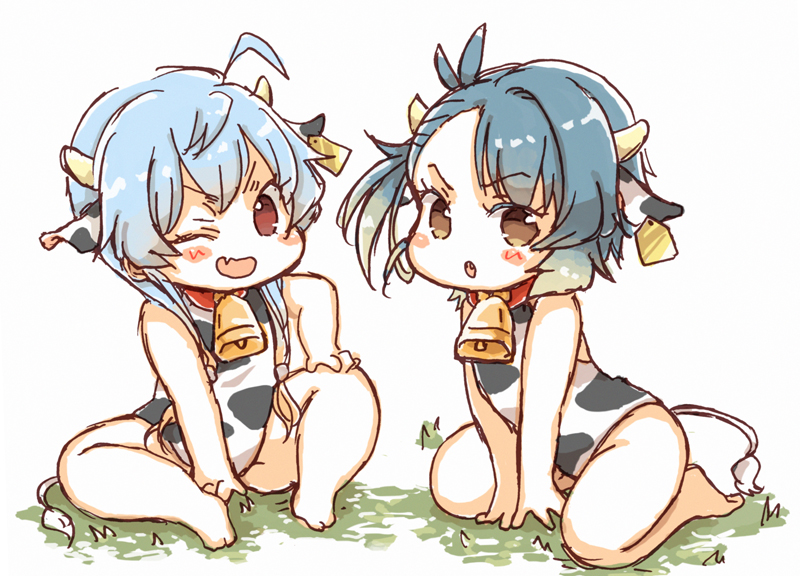 2girls ahoge animal_ears animal_print bare_arms bare_legs barefoot bell bell_collar blue_hair breasts brown_eyes chinese_zodiac collar commentary_request cow_ears cow_girl cow_horns cow_print cow_tail cowbell ear_tag fang fukae_(kantai_collection) grass horns kantai_collection miko_(35nikomi) multiple_girls one_eye_closed open_mouth sado_(kantai_collection) short_hair siblings sitting tail translation_request year_of_the_ox