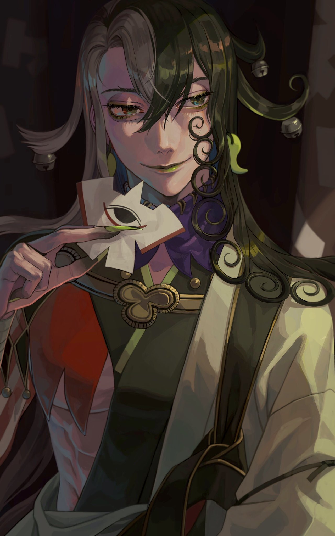 1boy abs ashiya_douman_(fate) asymmetrical_clothes asymmetrical_hair bell black_eyes black_hair curly_hair earrings fate/grand_order fate_(series) fingernails green_eyeshadow green_kimono green_lipstick green_nails hair_bell hair_between_eyes hair_intakes hair_ornament highres holding japanese_clothes jewelry kimono lipstick long_hair looking_to_the_side magatama magatama_earrings makeup male_focus multicolored_hair open_clothes open_kimono pectorals ribbed_sleeves sharp_fingernails shikigami shio_(alt_shi0) smile solo toned toned_male two-tone_hair upper_body very_long_fingernails very_long_hair white_hair