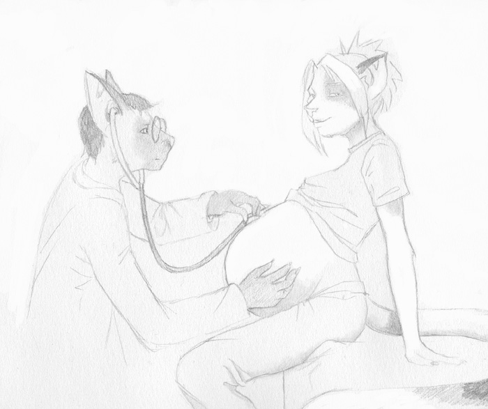 2006 anthro arm_support belly big_belly calico_cat claws doctor domestic_cat duo eyewear felid feline felis female fur glasses greyscale hair hand_on_stomach male mammal medical_instrument monochrome mottled piebald pregnant scientific_instrument sitting stethoscope thealtoid traditional_media_(artwork)